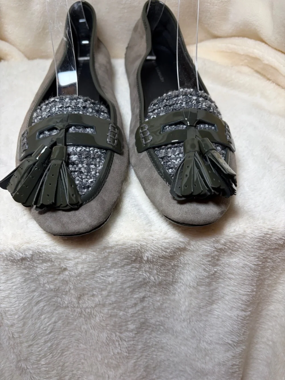 Elie Tahari Gray Suede Loafers with Tweed and Patent‎ Tassels
